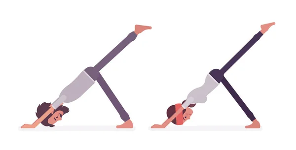Hombre, mujer practicando yoga, una pose de perro con las piernas hacia abajo — Vector de stock