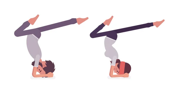 Jonge yogi man en vrouw die yoga beoefenen, handstand pose — Stockvector