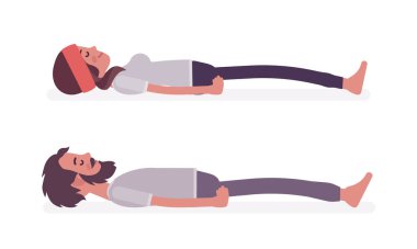 Young yogi man and woman practicing yoga, Dead Body pose clipart