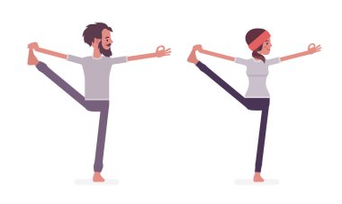 Erkek, kadın yoga yapıyor, koca ayak parmaklarına uzatılmış el pozu veriyor.