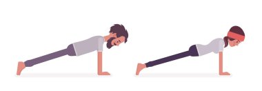 Yoga yapan genç bir adam ve kadın, Plank pozu.