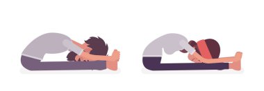 Yoga yapan genç bir adam, yoga yapan bir kadın, öne eğilip poz veriyor.