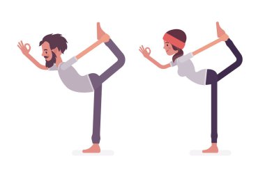 Genç bir adam, yoga yapan bir kadın, Dansın Efendisi pozu.