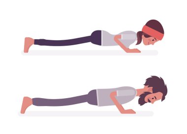 Erkek, kadın yoga yapıyor, şınav çekiyor ya da şınav çekiyor.