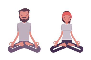 Yoga yapan genç bir erkek ve kadın, Padmasana pozu veriyor.