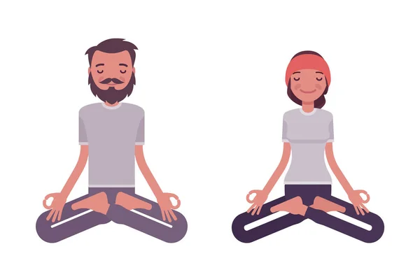 Jonge yogi man en vrouw die yoga beoefenen, Padmasana pose — Stockvector