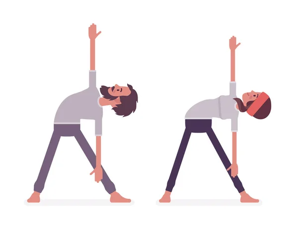 Jonge yogi man, vrouw beoefenen van yoga, uitgebreide driehoek pose — Stockvector