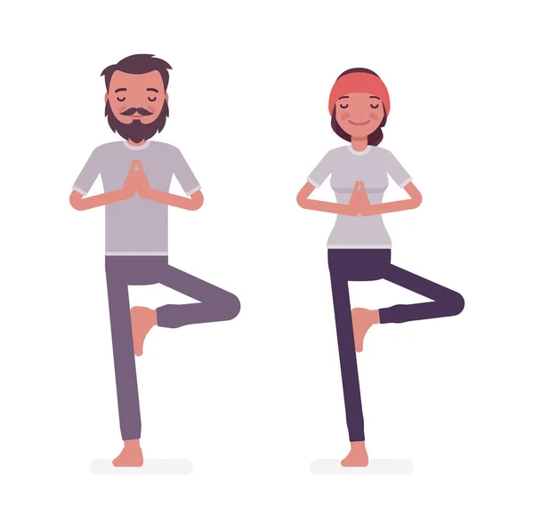 Jonge yogi man en vrouw die yoga beoefenen, Boomhouding — Stockvector