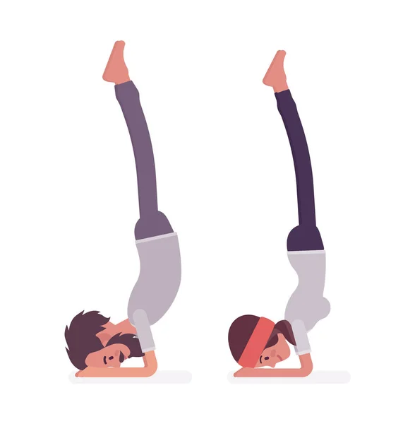 Ung yogi man och kvinna utövar yoga, handstand pose — Stock vektor