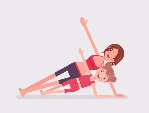 Familia, madre e hija yogui practicando yoga juntas — Vector de stock