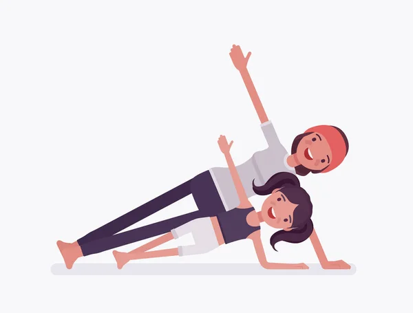 Familia negra yogui, madre e hija practicando yoga juntas — Vector de stock