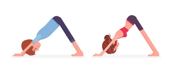 Jonge yogi man, vrouw die yoga beoefent, neerwaarts gerichte hond pose — Stockvector