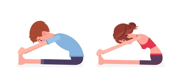 Giovane yogi uomo, donna che pratica yoga, Seduto in avanti piegare posa — Vettoriale Stock