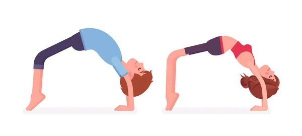 Joven yogui hombre, mujer practicando yoga, pose puente — Vector de stock