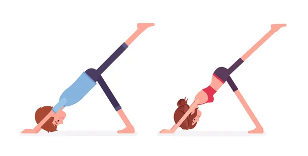 Erkek, kadın yoga yapıyor, bir bacaklı köpek pozu. — Stok Vektör