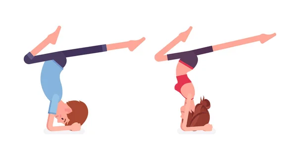 Jonge yogi man en vrouw die yoga beoefenen, handstand pose — Stockvector