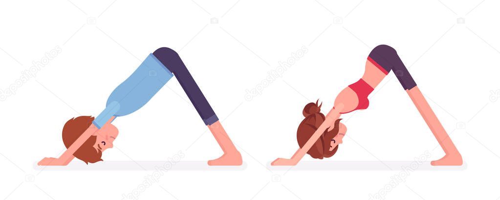 Young yogi man, woman practicing yoga, Downward facing dog pose