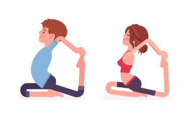 Genç bir adam, yoga yapan bir kadın tek bacaklı kral güvercin pozu.