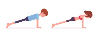 Yoga yapan genç bir adam ve kadın, Plank pozu.