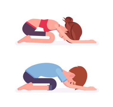 Young yogi man and woman practicing yoga, Child pose clipart