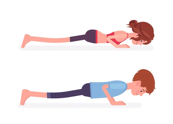 Man, vrouw die yoga beoefent, Push ups of press ups poseren — Stockvector