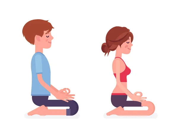 Joven yogui hombre y mujer practicando yoga, pose seiza — Vector de stock