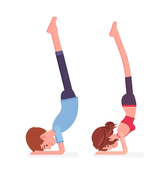 Ung yogi man och kvinna utövar yoga, handstand pose — Stock vektor