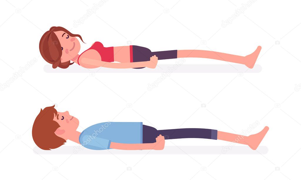 Young yogi man and woman practicing yoga, Dead Body pose