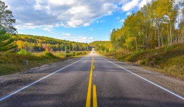 Her yere giden güneşli bir yol, yaz aylarında otoyolda tek bir bakış açısı. Yolculuk için sıcak bir gün..