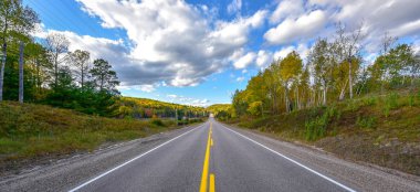 Her yere giden güneşli bir yol, yaz aylarında otoyolda tek bir bakış açısı. Yolculuk için sıcak bir gün..