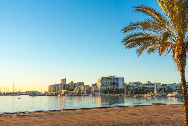 Öğleden sonra güneşin St Antoni de Portmany, Ibiza, Balearic Adaları, Ispanya koyunda sahilde düşüyor. Altın güneş ışığında sahil boyunca oteller, tatil için kalacak yerler teklif. — Stok fotoğraf