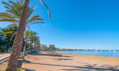 St Antoni de Portmany, Ibiza. Plaj avuç satır satır.