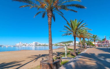 Ibiza güneş parlar Sant Antoni de Portmany, Sahilde yürüyüşe ana sahil boyunca veya kum. Kasım beach sıcak sabah ışığında.