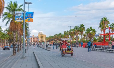 Barcelona, İspanya, 3 Kasım 2013: Avrupa'nın turizm Ekonomi, insanlar bir çekçek, Bisiklet ve yürüyüş, tarih içinde sıcak hava durumu yararlanarak binmek. Genç insanlar kentin palmiye ağaç yollar boyunca onların köpek yürüyüş.