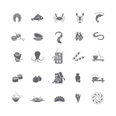 Deniz ürünleri ile siyah simgeler.