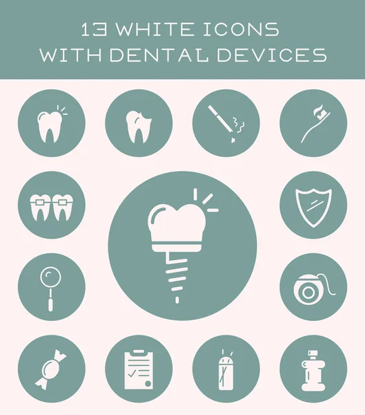 13 ícones brancos com dispositivos dentários . —  Vetores de Stock