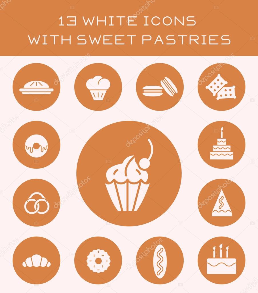 13 white icons with sweet pastries.