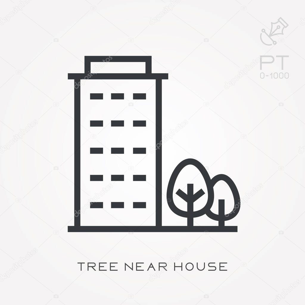 Line icon tree near house