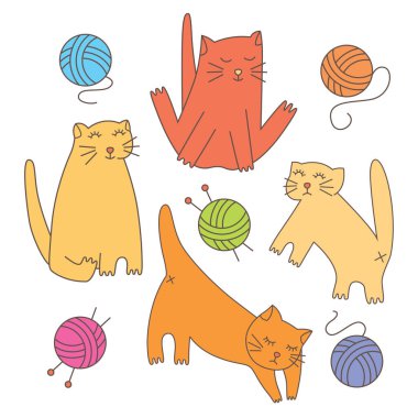Kediler ve iplik topları ile düz vektör çizimi