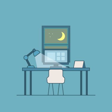 Bilgisayarlı ve monitörlü ofis masası. Vektör illüstrasyonu