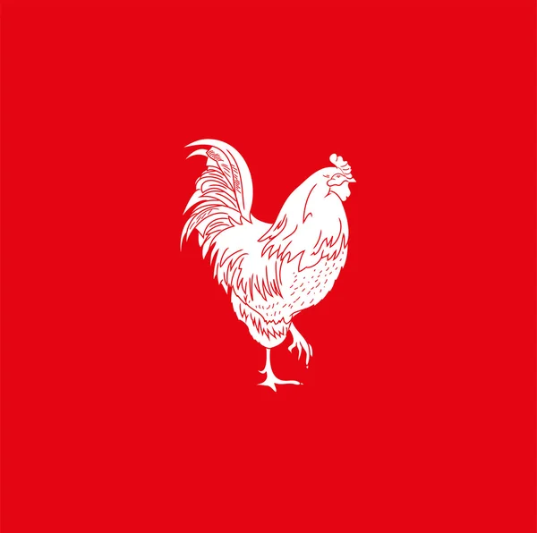 Vector image of an cock on red background. Silhouette of white cock — Stock Vector