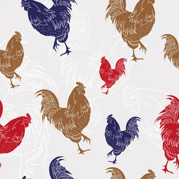 Cute colorful roosters on a gray background. Seamless pattern for your design — Stock Vector