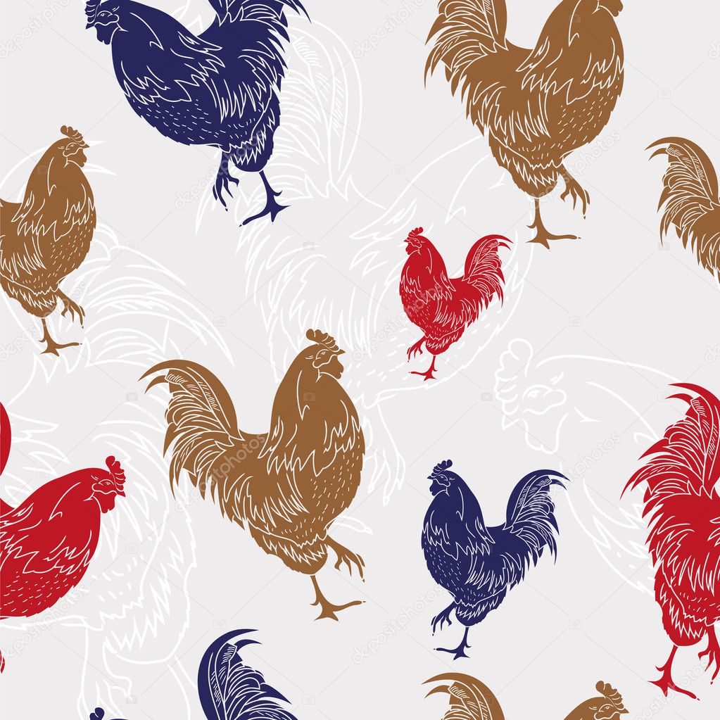 Cute colorful roosters on a gray background. Seamless pattern for your design