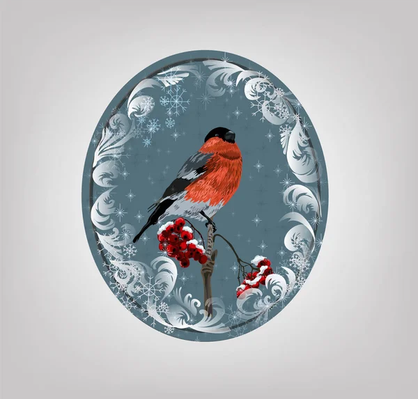 Ilustração de vetor de Natal - bullfinch com ashberries com saudação de férias. Bullfinch realista em um ramo de Rowan . — Vetor de Stock