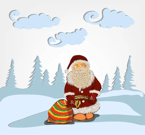 Papai Noel de pé na neve com um saco de presentes. Saco com presentes Papai Noel em pé na neve. Ele está contra o fundo da floresta de inverno . — Vetor de Stock
