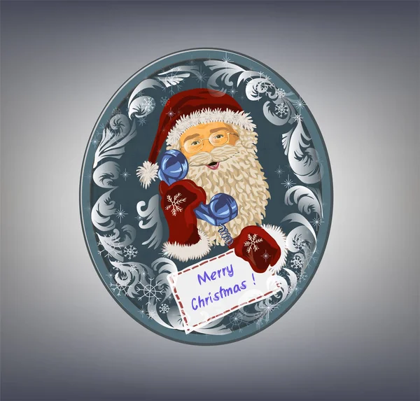Різдво Санта-Клауса. Урожай обличчя Санта-Клауса у вікні овальну форму з слухавку і лист. — стоковий вектор