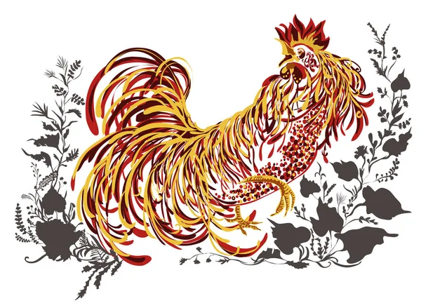 Vector illustration of rooster, symbol of 2017. Silhouette of red cock, decorated with floral patterns. Vector element for New Year design. Image of 2017 year of Red Rooster. — Stock Vector
