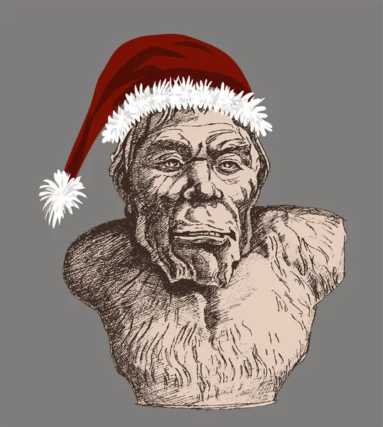 Neandertaler mit Weihnachtsmann-Hut (homo sapiens neanderthalensis). Dickfuß, Yeti. — Stockvektor