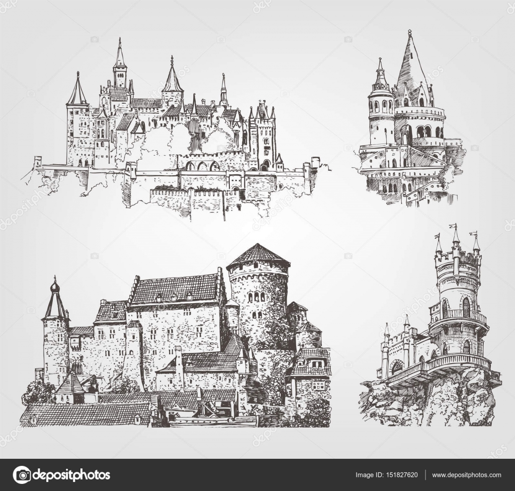 Vector Old Castle Illustrations Set Countrysides On Gothic Fortress Background Hand Drawn Architectural Landscapes Sketches Of Ancient Towers Vector Image By C Piratka Vector Stock