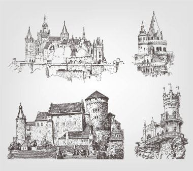 Vector old castle illustrations set. Countrysides on gothic fortress background. Hand drawn architectural landscapes. Sketches of ancient towers. clipart